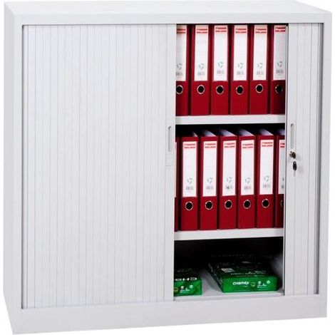 ARMARIO METÁLICO DOS PUERTAS PERSIANA CORREDERAS 105X102X45 CM (ANCHO X FONDO X ALTO) INCLUYE 2 BALDAS ACABADO EN GRIS. (MONTADO)