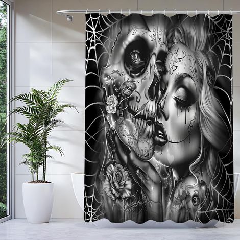 Rideau de Douche Noir, 80x200CM, Imprimé Amoureux Gothique, Rideau Douche Baignoire Œillet avec Anneaux Imperméable Polyester pour Salle de Bain Halloween, Fête (1/5)