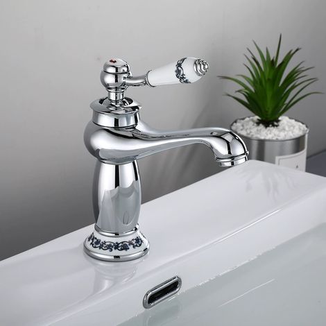 FENOPLASTICARobinet de lavabo rétro à col long en laiton, céramique et porcelaine noire et blanche, motif floral, distribue l'eau chaude et froide (chrome). (1/5)