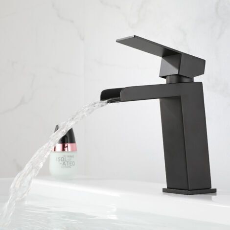 Single Handle Basin Faucet, Black Waterfall Basin Faucet, High Spout Bathroom Faucet, Brass (1/4)