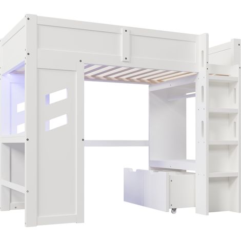 Cama alta 90 x 200 cm con escritorio LED USB Tipo-C, cajones y perchero, blanca (1/5)