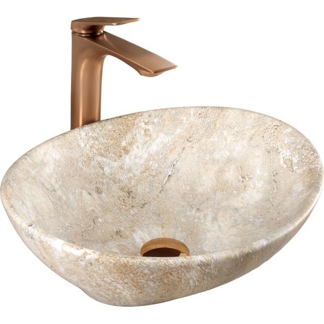 REA – Vasque à poser ovale en céramique sanitaire imitation pierre – Longueur 410mm – Largeur 345mm – Hauteur 150mm – Montage sur plan