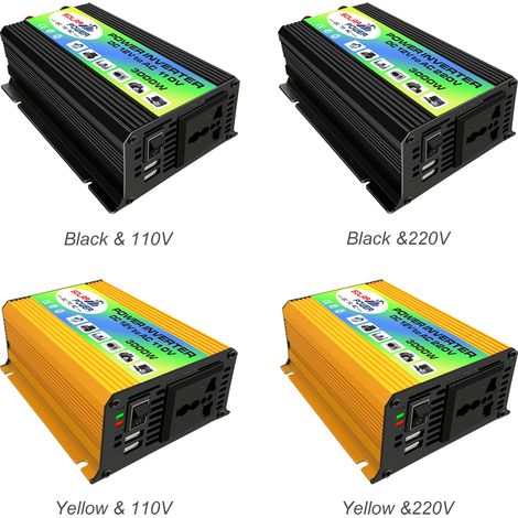 Peaks Power Onduleur à onde sinusoïdale modifiée 3000 W haute fréquence DC 12 V vers AC 220 V chargeur de voiture avec double port USB 2,1 A et clips de batterie (1/5)