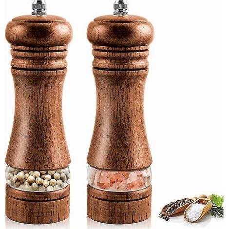 Ensemble de 2 moulins à sel et poivre Haomacro en bois, moulins manuels avec fenêtre en acrylique et broyage en céramique réglable - 16,5 cm (6,5 pouces). (1/5)