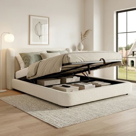 Lit coffre 180x200 cm en tissu bouclé beige, gain de place pour chambre, sans matelas FloraGrace (1/5)