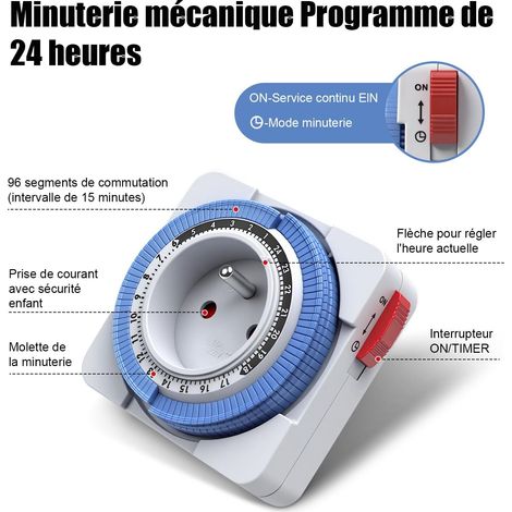 Timer per presa elettrica meccanica, timer per presa programmabile 24 ore, timer per presa a intervalli di 15 minuti, timer per ciclo giornaliero, timer per presa meccanica da 3680 W (1/4)
