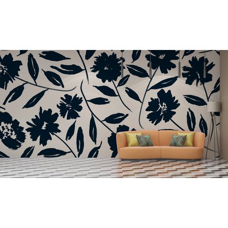 Papier peint fleuri - silhouettes de feuilles noires - 150 x 250 cm (1/2)