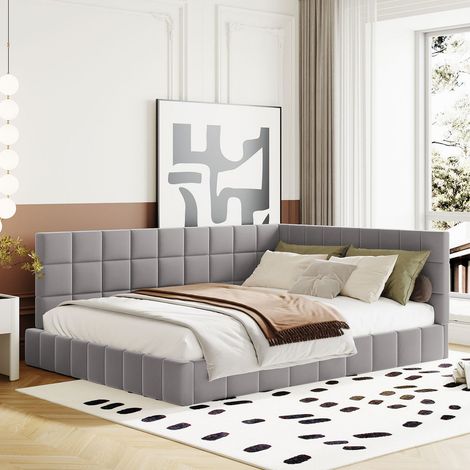 Lit banquette 140x200cm en velours gris, lit multifonction avec sommier et design moderne (1/5)