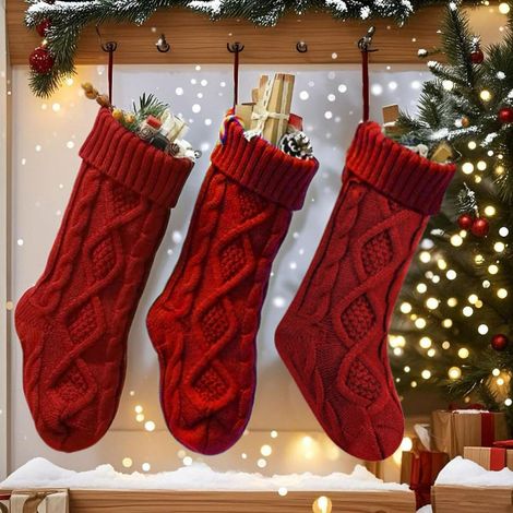Lot de 3 chaussettes de Noël rouges en maille torsadée à suspendre, 45 cm, idéal pour suspendre des décorations, durable (1/5)
