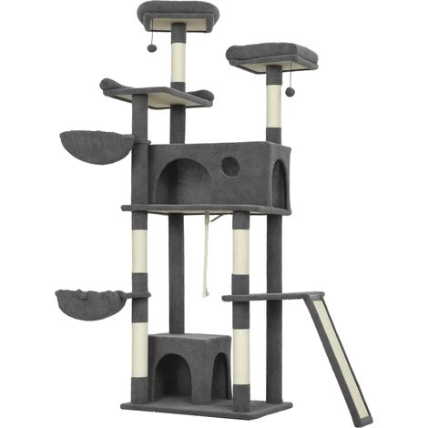 Arbre à chat tour de jeux pour chat avec griffoir 3 lits 2 niches plateformes et 3 jouets suspendus hauteur 174 cm gris