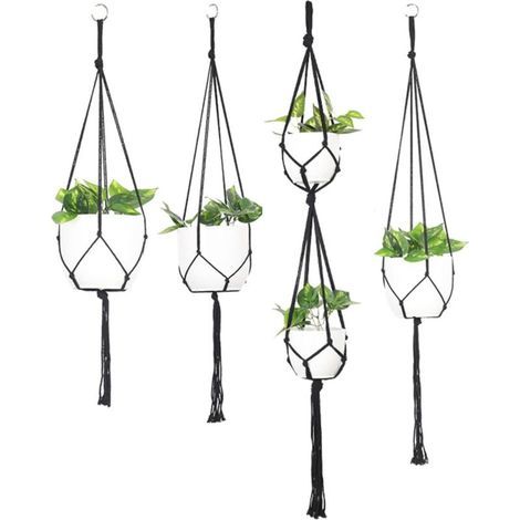 Portavaso sospeso in macramè, set da 4 pezzi, decorazione per balcone, nero (vaso non incluso) (1/4)