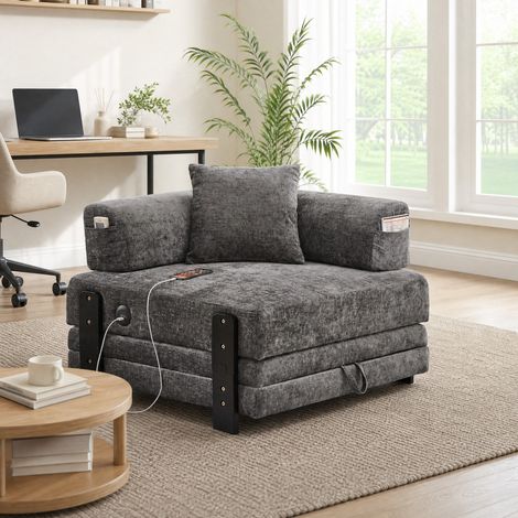 Canapé-lit pliant 170,5x84x48 cm gris foncé, USB et Type-C, rangement et accoudoirs, tissu, MEUBLIV (1/5)