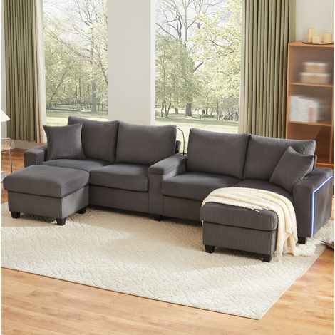 Divano a U in velluto a coste grigio con 2 pouf, lampada da lettura, USB/Type-C, LED HAVRYA (1/5)