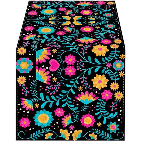 Chemin de table coloré à motif floral mexicain, nappe en lin avec crâne d'Halloween et décoration pour table basse, mariage, dîner ou fête. (1/5)