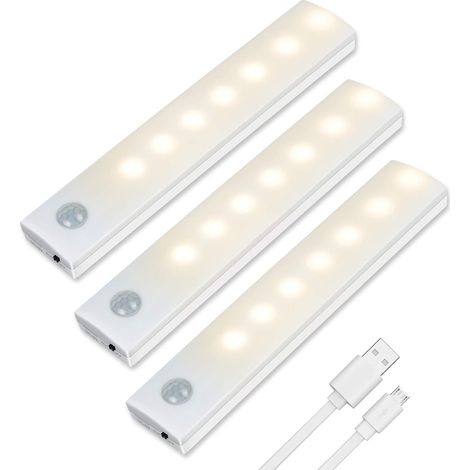 Lumière de Placard,3pcs Lampe Placard,Lampes 12 LED,Sans Fil, Rechargeable par USB, Aimanté, Détecteur de Mouvement, Baladeuse de Secours, Veilleuse Enfant[Classe énergétique A++]