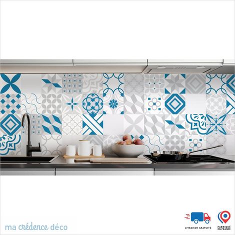 Crédence : Carreaux ciment gris et couleurs - Couleur Bleu clair - Alu composite - 120 - 60 (1/3)