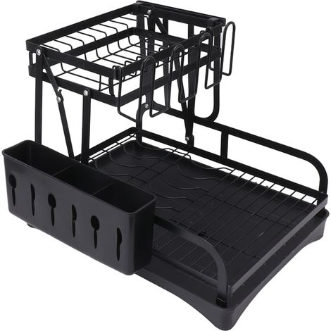 Égouttoir à vaisselle pliable à double couche, multifonctionnel, avec bac d'égouttage, pour plan de travail, noir. (1/5)