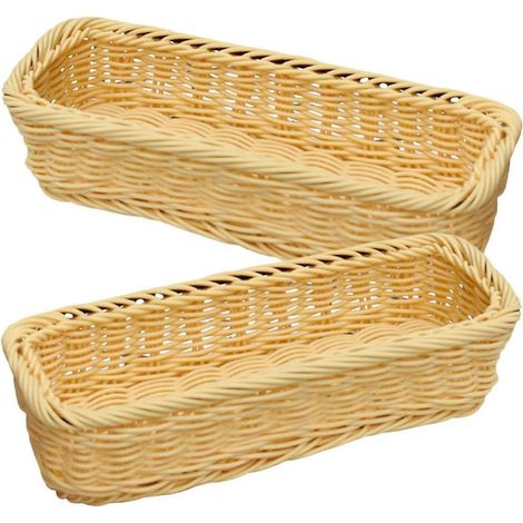 Set aus 2 langen und schmalen rechteckigen Aufbewahrungskörben aus Kunststoff in Seegrasoptik für Schlafzimmer-, Wohnzimmer- oder Badezimmerregale, Besteck- und Gewürzbehälter, beige Farbe.