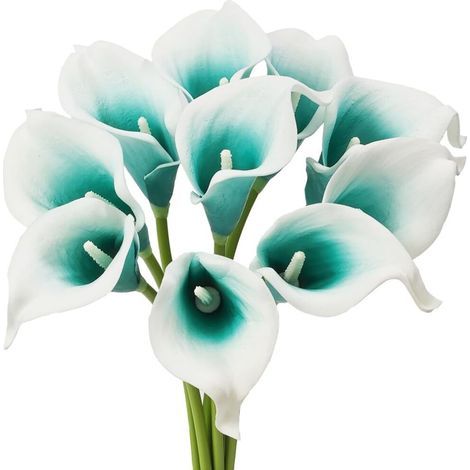 Lys calla artificiels miniatures (10 tiges) - fleurs en latex réalistes pour bouquets de mariée, parfaites pour la décoration de la maison et des fêtes (bleu-vert et blanc). (1/5)