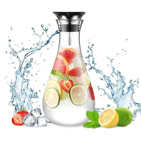 Carafe en verre de 1,8 l - avec couvercle en acier inoxydable - Pichet à eau en verre - Pour eau chaude/froide, lait, thé, café (1/5)