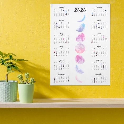 Calendrier mural en tissu style simple 2020 (50 x 70 cm), décoration de fond pour la maison, motif lune colorée (1/5)