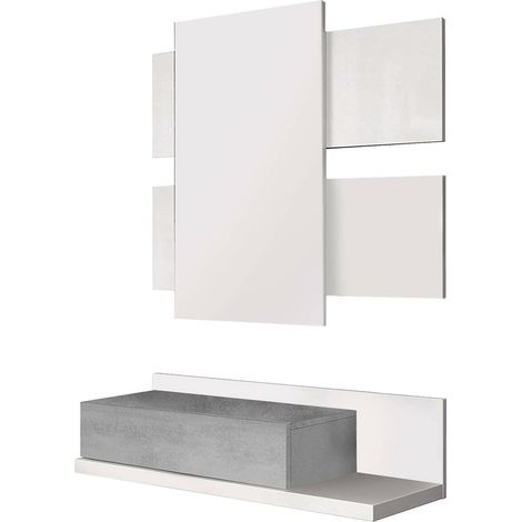 Dmora Mobile da ingresso Erie, Entratina sospesa con specchio, Mobile con cassetto per entrata, cm 75x29h90, Bianco e Cemento, con imballo rinforzato (1/4)