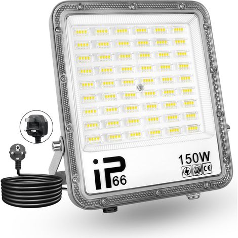 Lumière LED Extérieur 150W, 15000LM, Blanc Froid 6500K, Projecteur LED Sécurité IP65 Étanche, Lumière de Travail LED pour Porte d'Entrée, Entrepôt, Parking, Cour, Rue avec Prise (1 Pièce) (1/5)