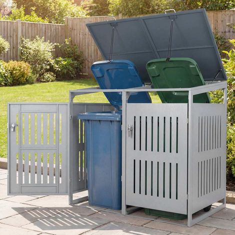 Rangement extérieur propre Cache-poubelle double en métal avec vérins à gaz et portes verrouillables pour 2 bacs 32-64 gal (1/5)