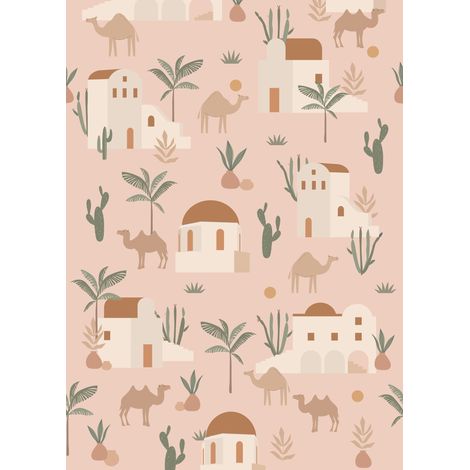 papier peint panoramique chameaux et cactus rose clair, terracotta et vert  - ESTAhome (1/5)