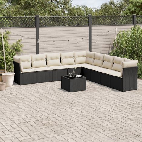 Ensemble Salon Jardin 10 Places Noir Résine Tressée avec Coussins Crème - 6 Sièges Centraux, 3 Coins, Table Verre Trempé - Modulaire Extérieur (1/5)