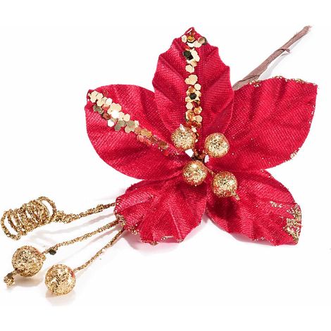 Stelle di Natale pick in stoffa con bacche e glitter dorati, set da 24 pezzi, cm 10 H (con gambo 20)