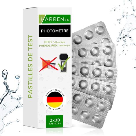 Pastilles de test photomètre pour l'analyse chimique de l'eau du pH (30x Phénol Red) et du chlore libre (30x DPD1), convient pour Poollab/Testeur piscine electrique (2x30 Pastilles) (1/5)
