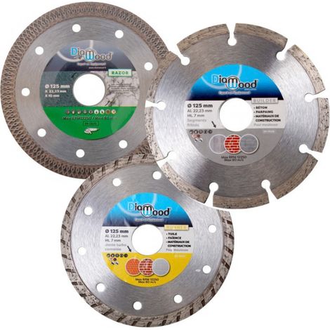 DIAMWOOD - Pack 3 Disques Diamant 125 mm - RAZOR Carrelage Marbre - RUNNER Tuile Faïence - BUILDER Béton Parpaings - Al. 22,23 mm - Carreleur Maçon (1/5)