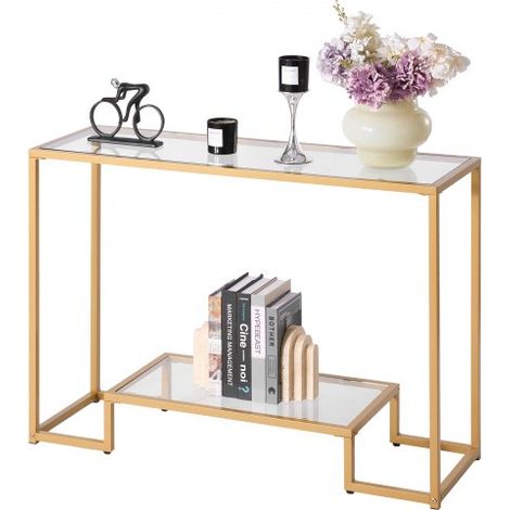 2-stufiger Konsolentisch moderner rechteckiger Flurtisch (107 x 35,4 x 75,5 cm) mit Platte aus gehärtetem Glas, Sofa-Beistelltisch mit Kippschutz für Wohnzimmer Flur Eingangsbereich Foyer (1/5)