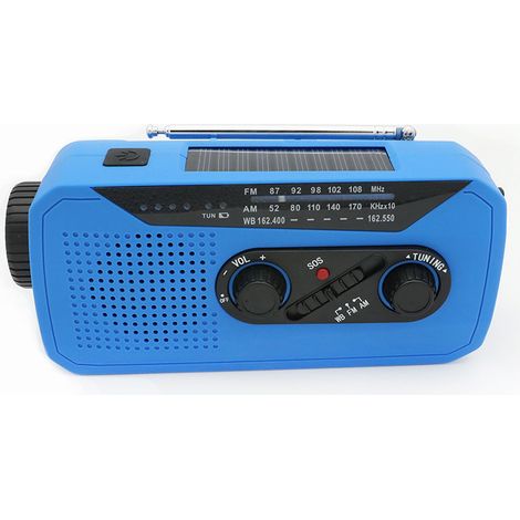 Radio d'urgence avec cellules solaires et manivelle, batterie 2000 mAh, prise casque 3,5 mm avec lampe torche et signal SOS bleu