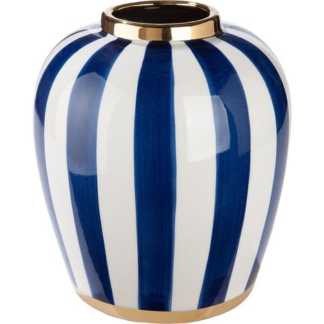 Vase - Céramique - Bulbe - émaillé - Rayé - Bleu Blanc - Hauteur 30 cm x Diamètre 26 cm - Patins en Feutre et Vase étanche (1/4)