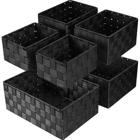 Panier Rangement 34,4cm, Lot de 6 Paniers et Boîtes de Rangement, Panier de Rangement pour Rangement Organisateur de Salle de Bains/Chambre/Cuisine/Étagères/Cosmétiques/Papier Toilette (Noir) (1/5)