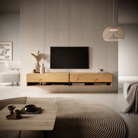Selsey – Meuble TV 200 cm chêne artisan avec insert graphite – 2 armoires verrouillables – 2 étagères ouvertes pour décodeur – Résistant à l'humidité