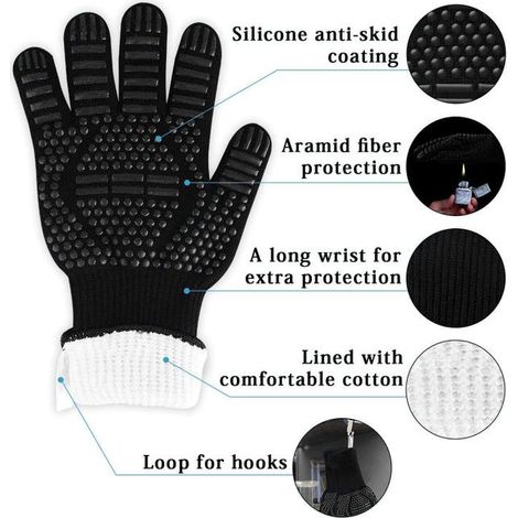 Guanti da barbecue antiscivolo in silicone, conformi alla norma EN407, per barbecue, forni, guanti da cucina resistenti al calore, guanti da camino fino a 800°C - Nero (1/4)