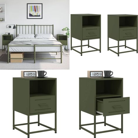 Tables de chevet 2 pcs vert olive 36x39x60,5 cm acier - Table De Chevet Industrielle - Table De Nuit Design - Table De Chevet Métal - Mobilier Industriel - Table De Chevet Verte - Home & Living (1/5)