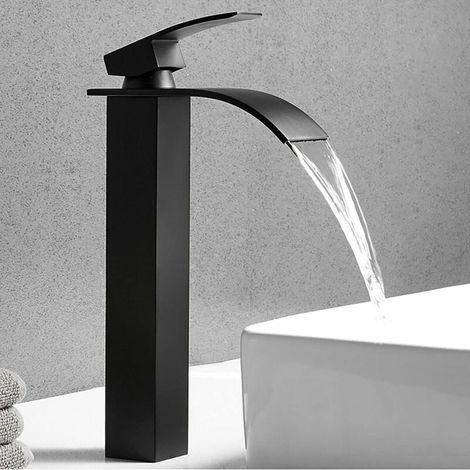 Robinet Lavabo Cascade Noir Moderne Mitigeur Robinet Salle Bain pour Vasque à Poser Robinetterie Carré en Acier inoxydable Haut Qualité (1/5)