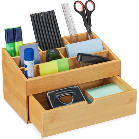 Relaxdays Desk Organiser, Drawer, 6 Compartments, Dimensions H x W x D: 15 x 28 x 16.5 cm, Bamboo, Natural (1/5)