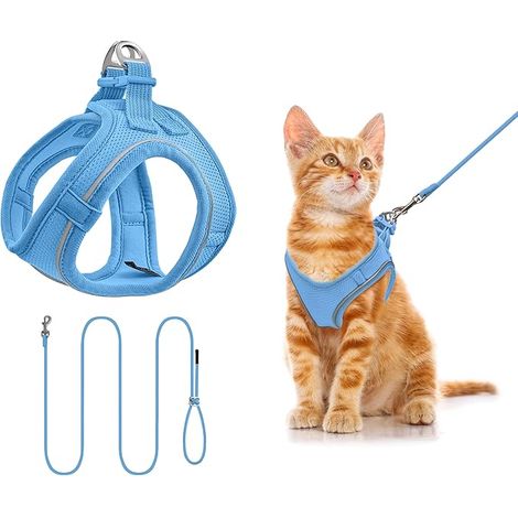 Pettorina e guinzaglio per gatto e cucciolo step-in blu  guinzaglio in mesh da 255 cm con fascia di sicurezza riflettente