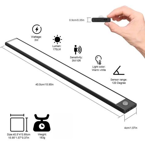 2 Pcs Lampe de Placard LED, 40cm, Sans Fil, Rechargeable par USB, Aimanté, Détecteur de Mouvement, 3 Modes d’Éclairage, Portable, Lumière de Placard, Blanc Chaud 3000K, Noir [Classe énergétique G] (1/4)