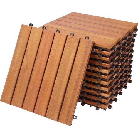 11x Deuba Wooden Decking Tiles 1m³ Interlocking Terrace Garden Balcony Patio Hot Tub 30 x 30 cm (Eucalyptus Classic) (1/5)