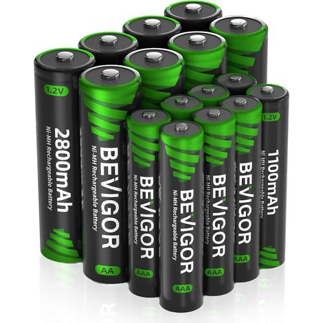 Kit De 16 Piles Rechargeables AA Et AAA NiMH, Haute Capacité (8 AA + 8 AAA), Préchargées (1/5)