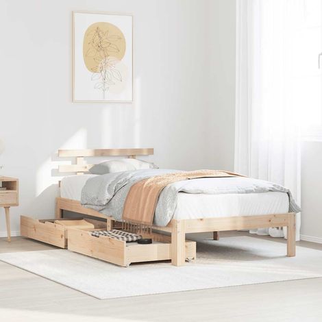 Cadre de Lit avec Tiroirs en Pin Massif 90x190 cm - 2 Tiroirs de Rangement (1/4)