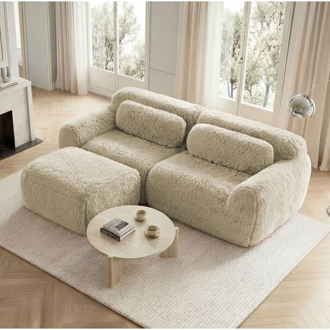 Canapé d’angle modulable 2 places en tissu peluche doux, kaki clair, sans montage,204x179x73 cm (1/5)
