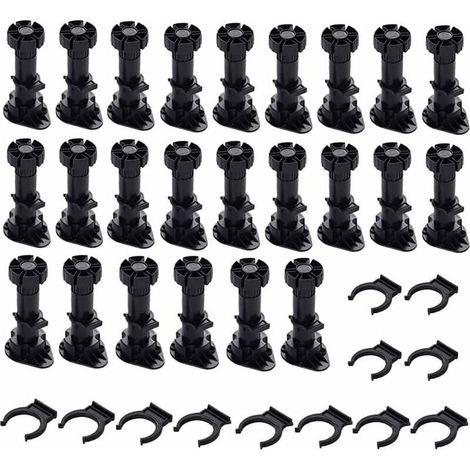 24 Pièces Pieds D\'Armoire Plastique,Pied de Meuble,Pied Réglable pour Meuble,Noir Pieds de Meuble Plastique avec Clip Fixation Base pour Meubles de Cuisine,Armoire et Canapé (80mm-100mm)