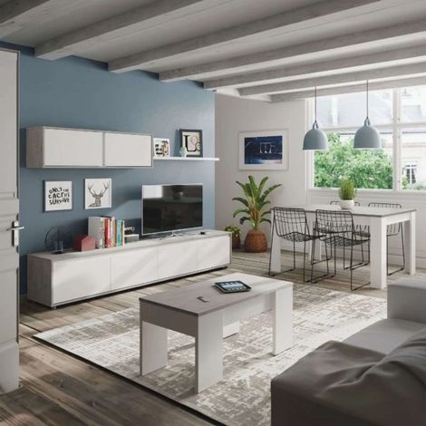 Pack de Muebles de Salón Comedor Estilo Contemporáneo en Color Blanco formado por Modulo de TV, Mesa de Centro y Mesa de Comedor